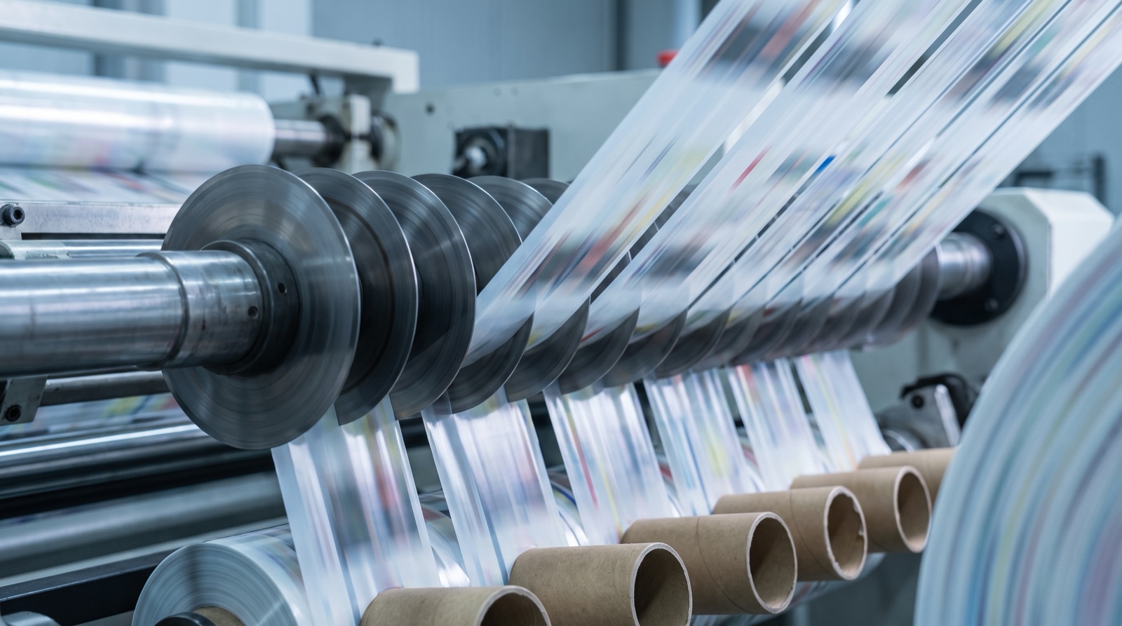 Printed film being slit into narrow webs